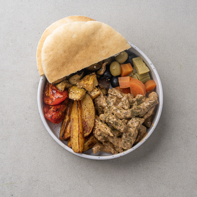 Beef Shawarma Bowl with Pickles & Round Pita